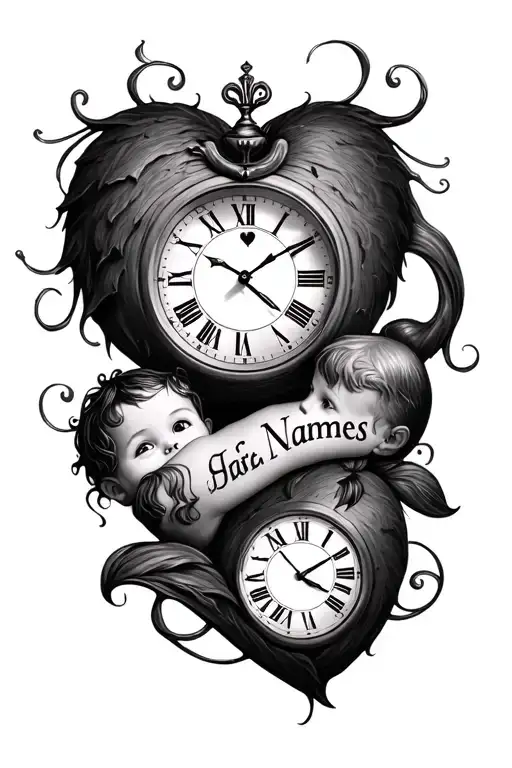 3 birth clock 3 kids names incorporated tattoo design idea