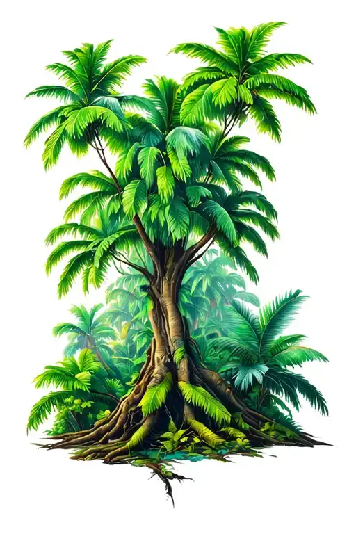 kapok tree with jungle plants tattoo design idea