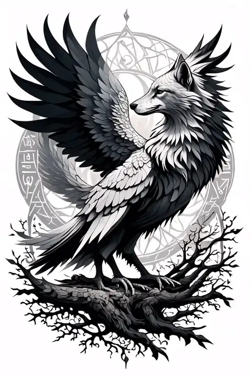 Geometric black and grey tattoo, wolf and phoenix with Tree of Life and runes Berkana Dagaz. Symbol of rebirth and power tattoo design idea