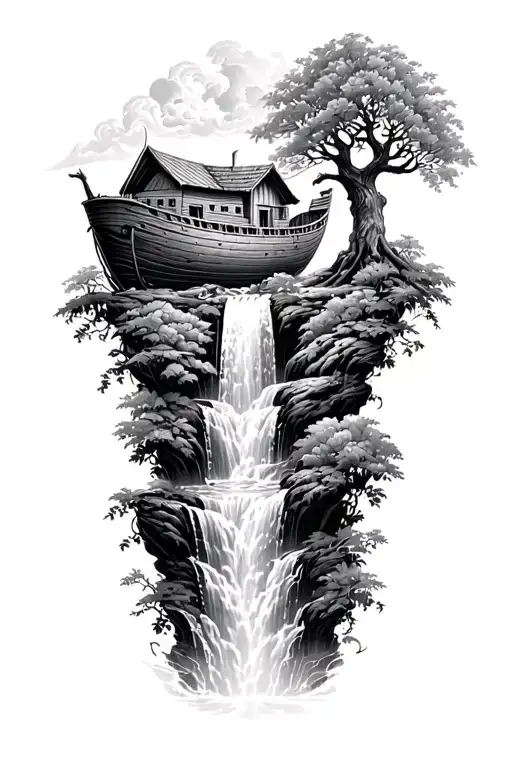 Noah's ark which descends a waterfall which floods the garden of Eden with the apple tree tattoo design idea