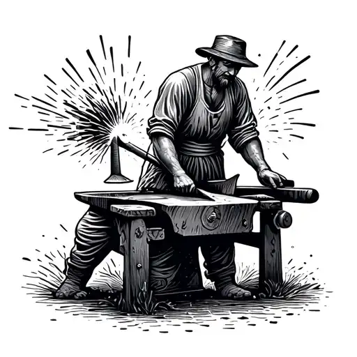 A dotwork design of a traditional blacksmith at work, hammering away at an anvil with sparks flying tattoo design idea