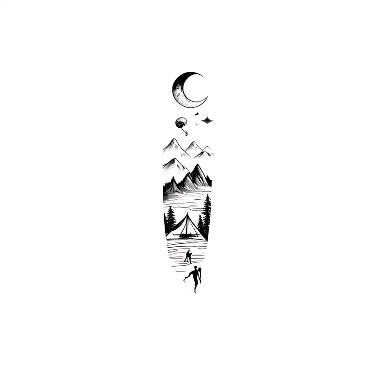 Minimal fine line forearm tattoo with moon, mountains, trees, tent, paraglider, and rock climber — detailed but clean an tattoo design idea