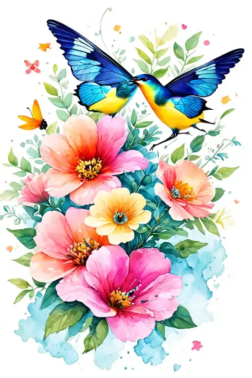 flowers and butter fly birds tattoo design idea