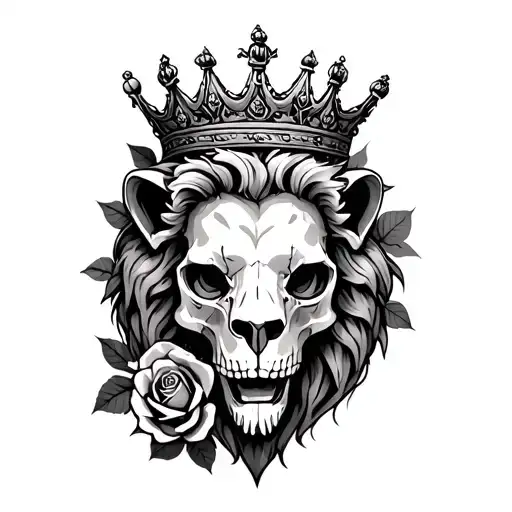 Lion skull with crown and roses growing tattoo design idea