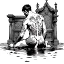 man kneeling down in a puddle located in front of a throne. His fist is clenched. His back is covered in cuts.  tattoo design idea