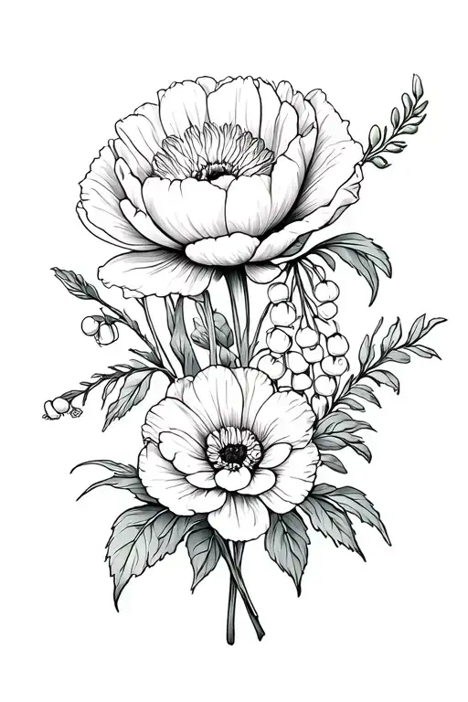 poppy, ranunculus, peony, dahlia and lily of the valley tattoo design idea
