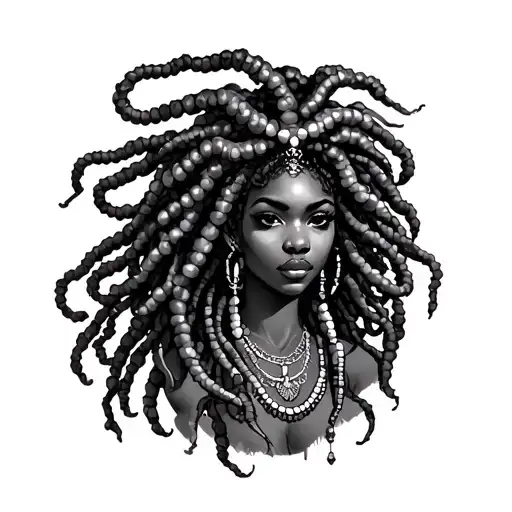 A full-color tattoo featuring a beautiful African American Medusa. Her locs, adorned with beads and possibly other embel tattoo design idea