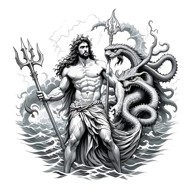 Poseidon with trident fighting a hydra and a kraken, with ocean waves and lightning  tattoo design idea