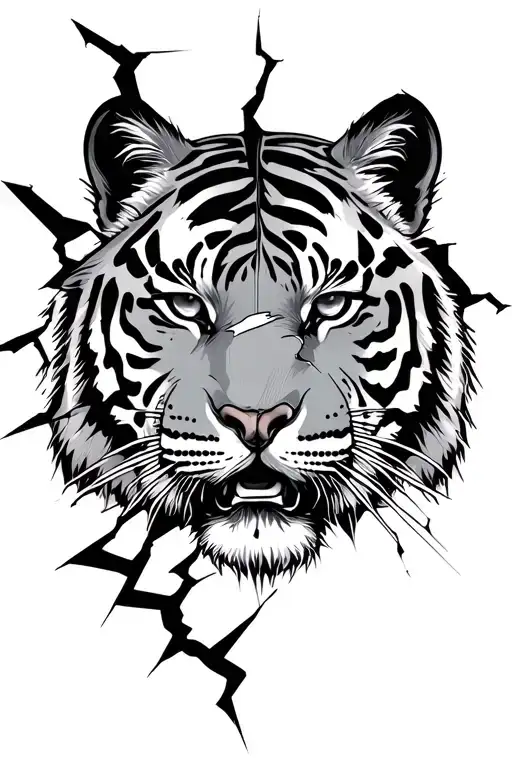 scarred Tiger face with broken clock surrounded tattoo design idea