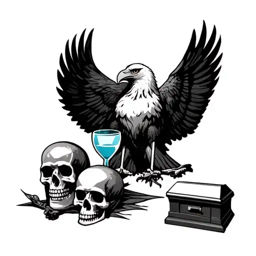 Hour glass with eagle on top and skull in casket on bottom tattoo design idea