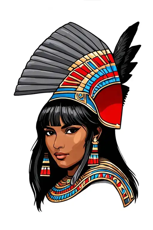egyptian with brown skin and black straight hair and bangs and traditional helmet  tattoo design idea