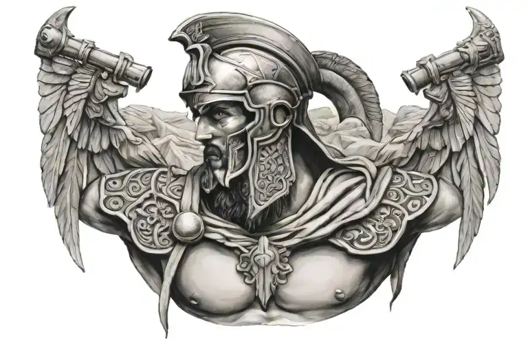 head of sparta soldier between greek mitology chest tattoo with elements tattoo design idea