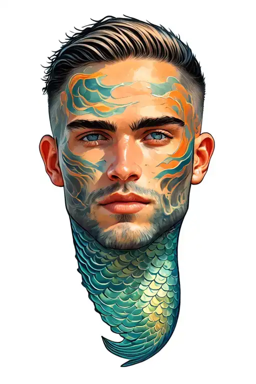 merman with short fade cut hair sunbathing tattoo design idea