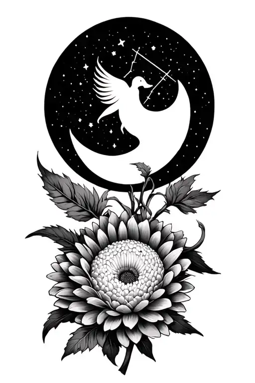 chrysanthemum flower waning gibbous moon and Sagittarius constellation tattoo design idea