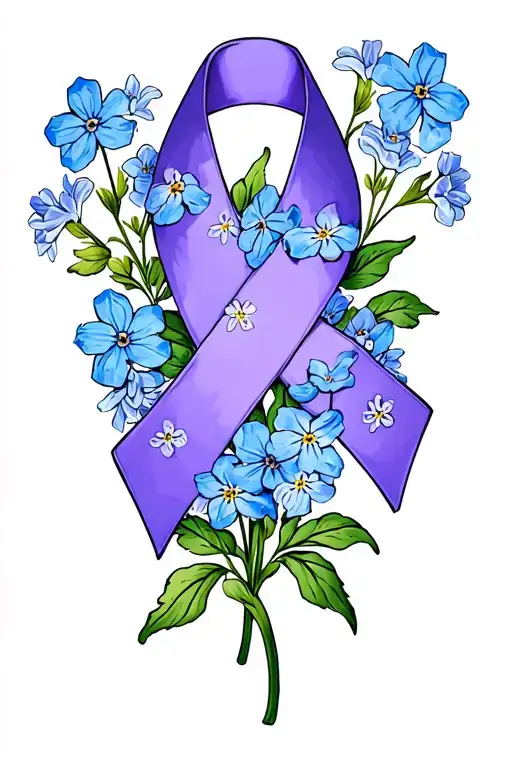 alzheimers ribbon wrapped around forget me not flowers tattoo design idea