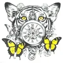 the realistic eye, anchor with chain connecting to pocket watch, butterflies, white tiger, german shepherd, yellow duck  tattoo design idea