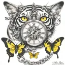 the realistic eye, anchor with chain connecting to pocket watch, butterflies, white tiger, german shepherd, yellow duck  tattoo design idea