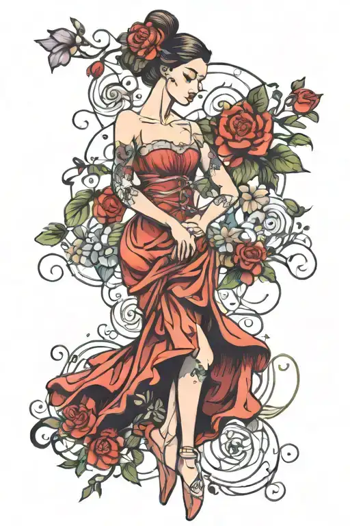 ballet dancer with flowers surrounding tattoo design idea