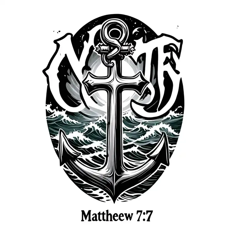 "Matthew 7:7" anchor and cross surrounded by ocean waves crashing tattoo design idea