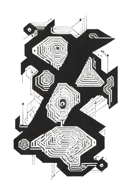 "Futuristic tattoo design with bold black geometric shapes and intricate circuit-like lines. It flows down the leg from  tattoo design idea