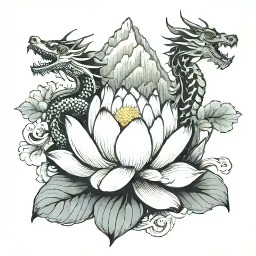A lotus flower blooming at the peak of a mountain, with a dragon coiled around it tattoo design idea