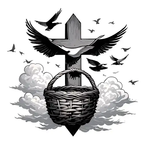 a cross with birds flying around and clouds aro de basket tattoo design idea
