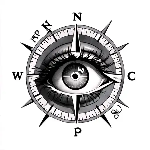 female eye with eyebrow surrounded by compass with cardinal diections labeled with k,p,c Aldo with clock hands  tattoo design idea