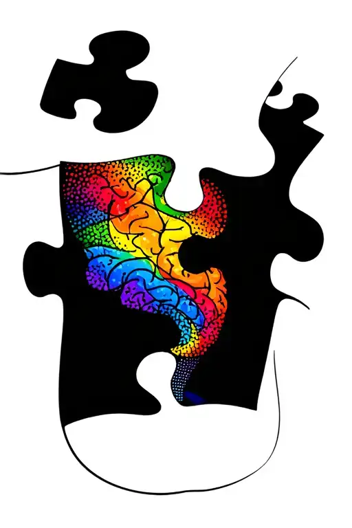 autism rainbow puzzle piece and brain with blue purple shading tattoo design idea