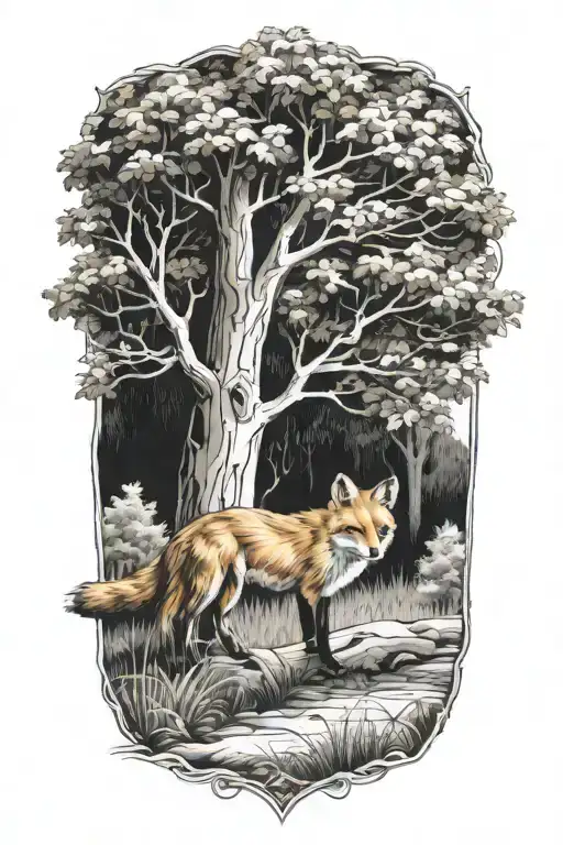 fox under a tree tattoo design idea