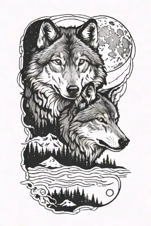 wolf transition from cub to adult in moon shining tattoo design idea