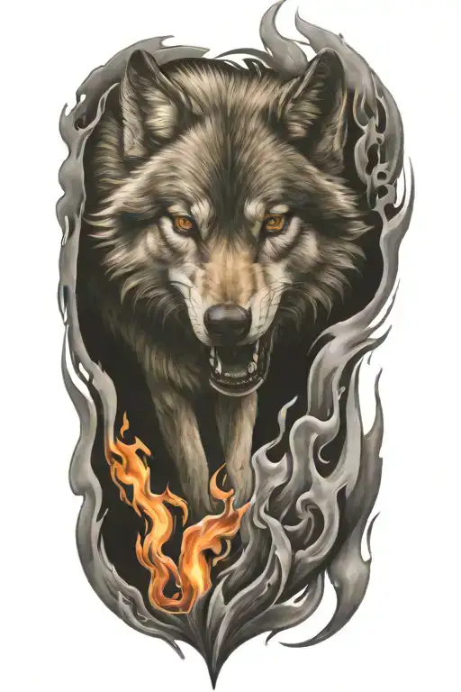 wolf fire flames left arm tattoo design idea
