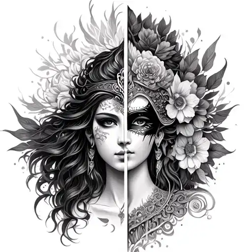 virgo maiden goddess with hanya mask split in half tattoo design idea