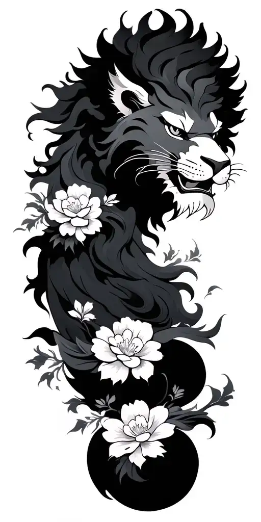 lion shishi on shoulder on arms separate waves with wind and flowers japanese style no colors  tattoo design idea