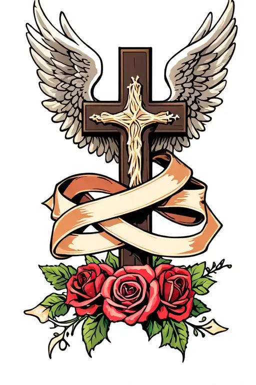 cross with angel wings and roses and ribbon wrapped, ribbon tattoo design idea
