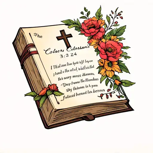 a book with a Colossians 3:23-24 with a cross and flowers for a man tattoo design idea