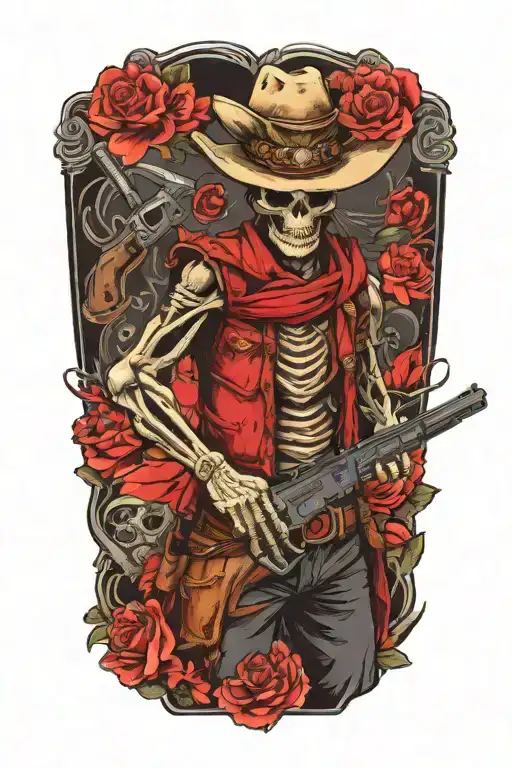 cowboy skeleton holding a pistol surrounded tattoo design idea