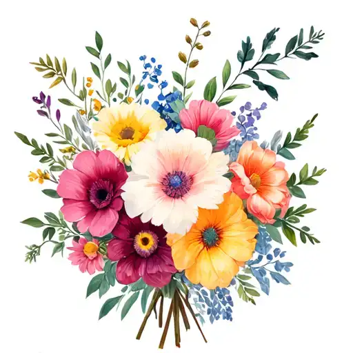 February, March, April, May, August and September birth flowers bouquet tattoo design idea