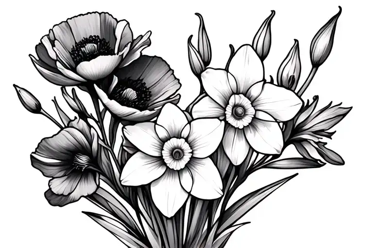 gladiolus, poppy and narcissus flower bouquet tattoo design idea