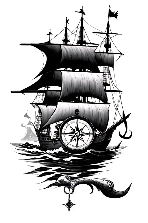 marine life, compass, pirate, waves, boats tattoo design idea
