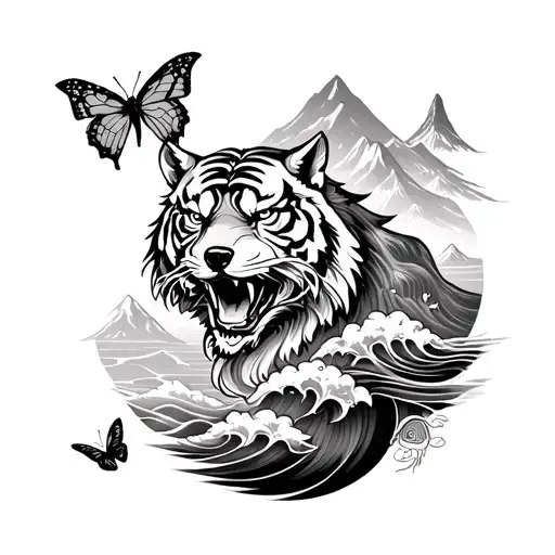 Japanese leg tattoo which includes a tiger, wolf, dojo, mountains, butterflies, koi fish, waves and water, Foo dog tattoo design idea