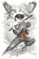 japanese girl with katana surrounded by falcon spreading wings and a boy below tattoo design idea