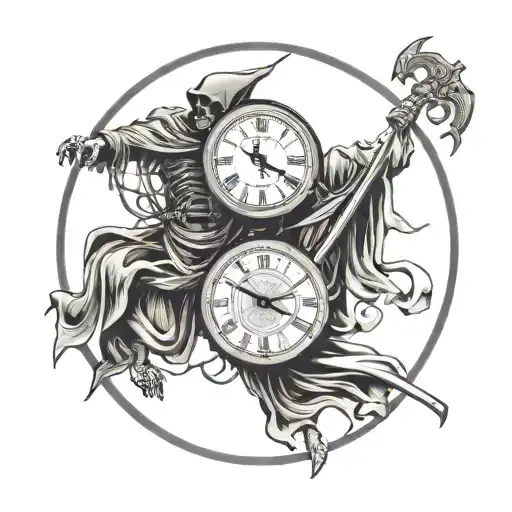 god and the grim reaper fighting with time clock on the brink of death tattoo design idea
