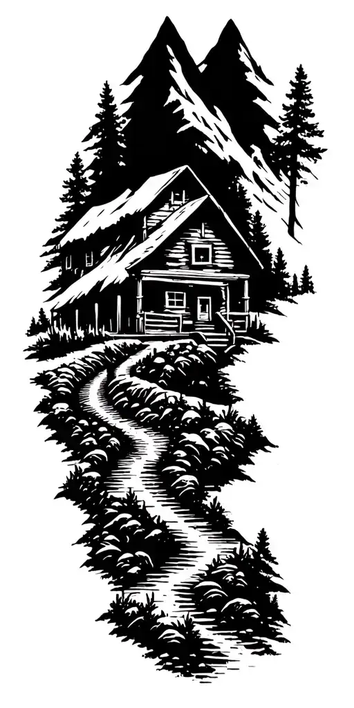 Mountain cabin and rail winding road leading tattoo design idea