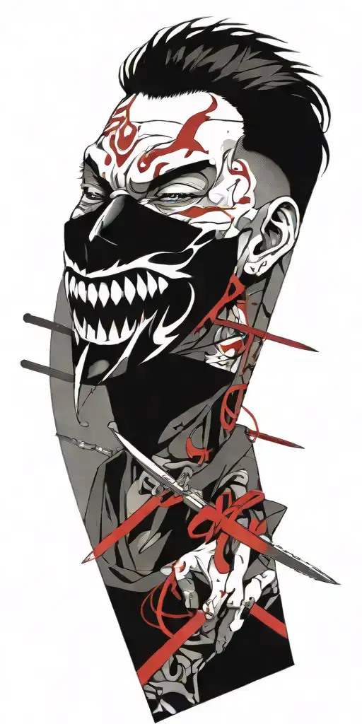 male anime character wearing oni mask holding swords fighting off inner demons  tattoo design idea