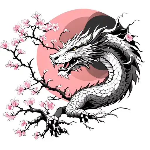 cherry blossom tree with leo sun dragon bicep sleeve tattoo design idea