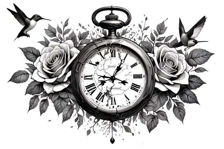 Broken pocket clock, roses and hummingbirds tattoo design idea
