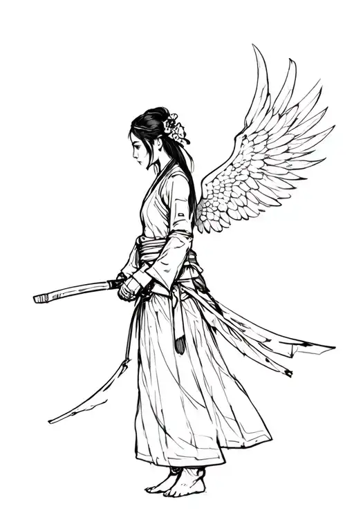woman with wings standing sideways samurai tattoo design idea