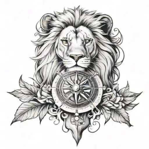 compass, lion, family tattoo design idea