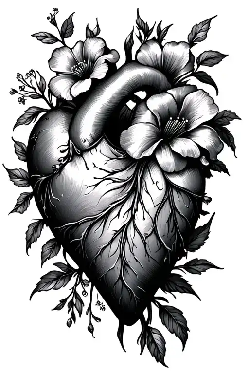 Heart and flowers wrapped tattoo design idea
