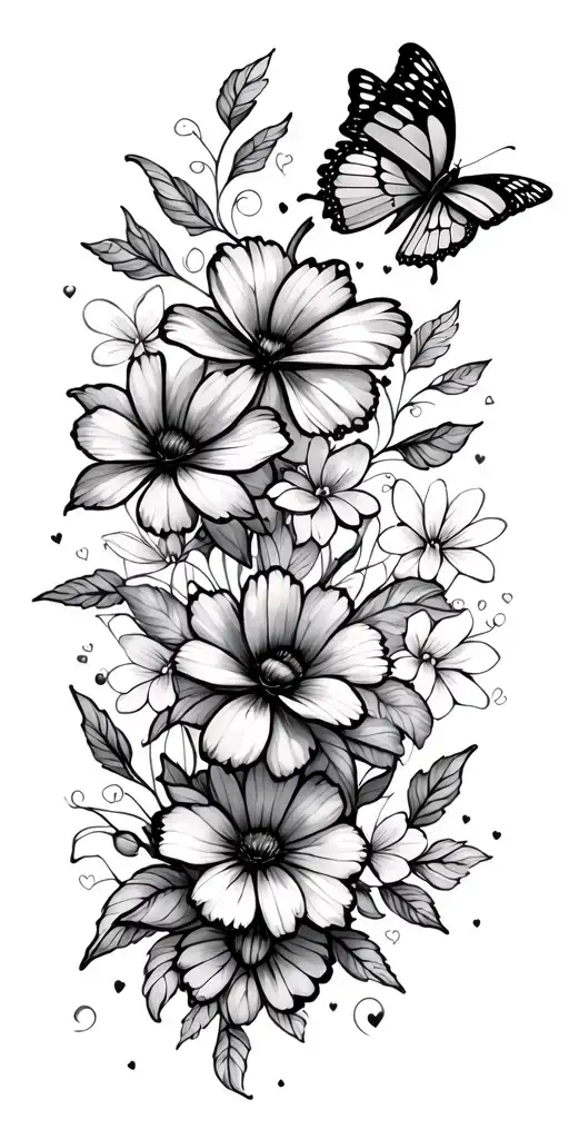 fine line, butterflies, and flowers and hearts tattoo design idea
